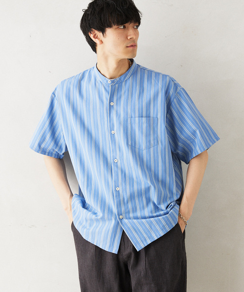 JOURNAL STANDARD relume（ジャーナルスタンダード　レリューム）の「INDIA SHIRTINGS ストライプバンドカラーシャツ（シャツ/ブラウス・メンズ・ブルー/ベージュ・LARGE/MEDIUM）」の21枚目の写真