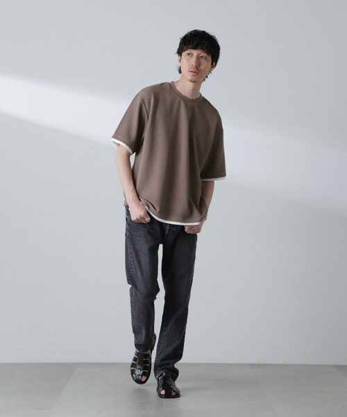 NANO universe(ナノユニバース)の「ジャガードフェイクレイヤードTシャツ 半袖(Tシャツ/カットソー・メンズ・ベージュ/ブラック/ターコイズブルー/ネイビー・M/XL/L)」の2枚目の写真