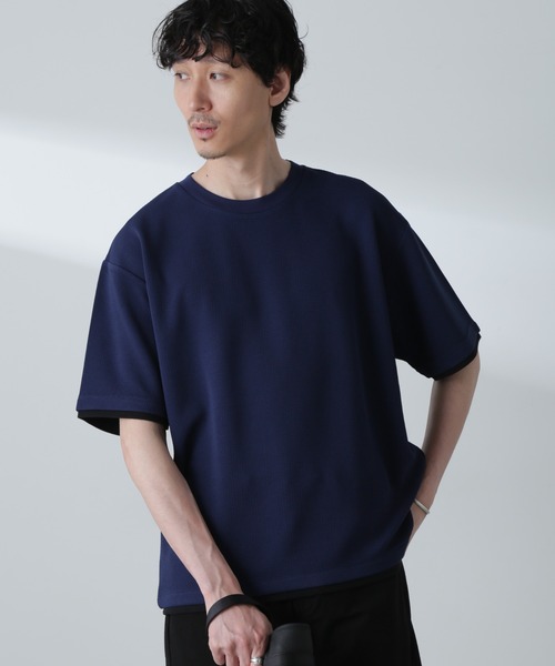 NANO universe(ナノユニバース)の「ジャガードフェイクレイヤードTシャツ 半袖(Tシャツ/カットソー・メンズ・ベージュ/ブラック/ターコイズブルー/ネイビー・M/XL/L)」の3枚目の写真