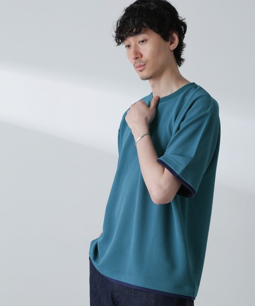NANO universe(ナノユニバース)の「ジャガードフェイクレイヤードTシャツ 半袖(Tシャツ/カットソー・メンズ・ベージュ/ブラック/ターコイズブルー/ネイビー・M/XL/L)」の4枚目の写真