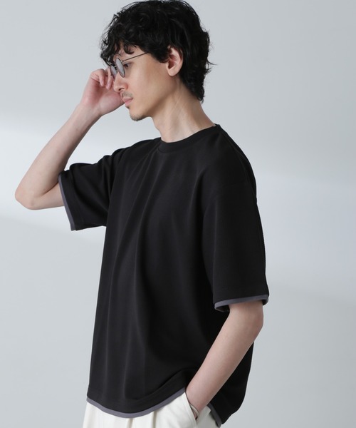 NANO universe(ナノユニバース)の「ジャガードフェイクレイヤードTシャツ 半袖(Tシャツ/カットソー・メンズ・ベージュ/ブラック/ターコイズブルー/ネイビー・M/XL/L)」の1枚目の写真