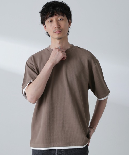 NANO universe(ナノユニバース)の「ジャガードフェイクレイヤードTシャツ 半袖(Tシャツ/カットソー・メンズ・ベージュ/ブラック/ターコイズブルー/ネイビー・M/XL/L)」の6枚目の写真