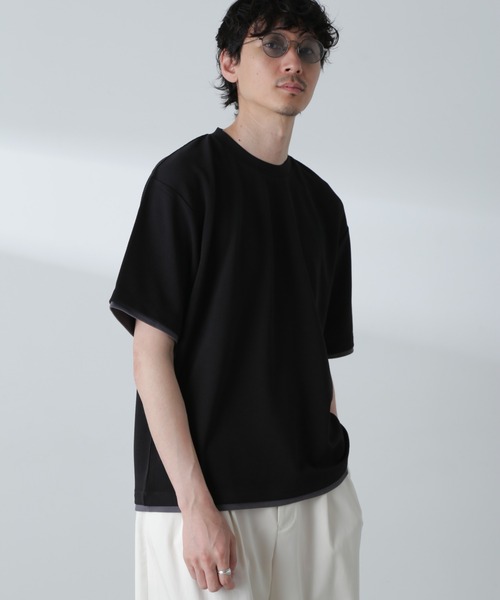 NANO universe(ナノユニバース)の「ジャガードフェイクレイヤードTシャツ 半袖(Tシャツ/カットソー・メンズ・ベージュ/ブラック/ターコイズブルー/ネイビー・M/XL/L)」の12枚目の写真