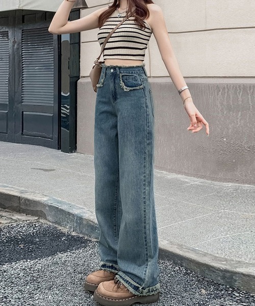 Miniministore（ミニミニストア）の「フリンジ デニムパンツ ハイウエスト美脚（デニムパンツ・レディース・ブラック/サックスブルー/ホワイト/ダークブルー・S/M/L/XL）」の22枚目の写真