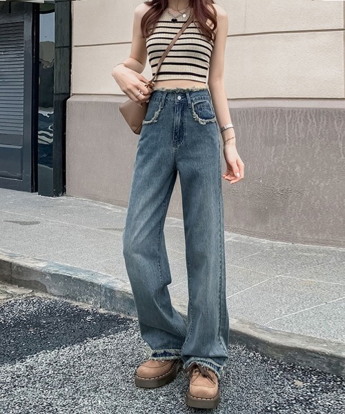 Miniministore（ミニミニストア）の「フリンジ デニムパンツ ハイウエスト美脚（デニムパンツ・レディース・ブラック/サックスブルー/ホワイト/ダークブルー・S/M/L/XL）」の20枚目の写真