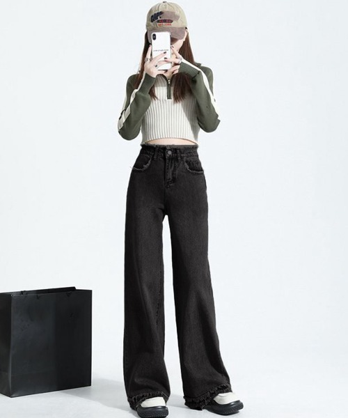 Miniministore（ミニミニストア）の「フリンジ デニムパンツ ハイウエスト美脚（デニムパンツ・レディース・ブラック/サックスブルー/ホワイト/ダークブルー・S/M/L/XL）」の18枚目の写真