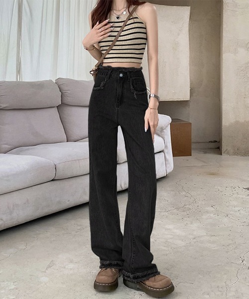 Miniministore（ミニミニストア）の「フリンジ デニムパンツ ハイウエスト美脚（デニムパンツ・レディース・ブラック/サックスブルー/ホワイト/ダークブルー・S/M/L/XL）」の17枚目の写真