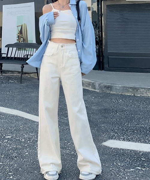 Miniministore（ミニミニストア）の「フリンジ デニムパンツ ハイウエスト美脚（デニムパンツ・レディース・ブラック/サックスブルー/ホワイト/ダークブルー・S/M/L/XL）」の15枚目の写真