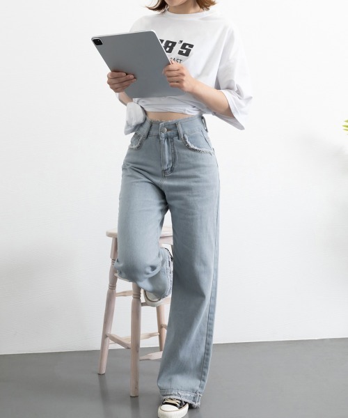 Miniministore（ミニミニストア）の「フリンジ デニムパンツ ハイウエスト美脚（デニムパンツ・レディース・ブラック/サックスブルー/ホワイト/ダークブルー・S/M/L/XL）」の13枚目の写真