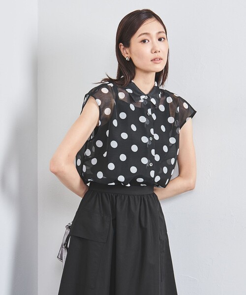 美品 ユナイテッドアローズ オーガンジー プリントシャツ ストライプ ネイビー セール】 オーガンジー プリントシャツ （シャツ・ブラウス