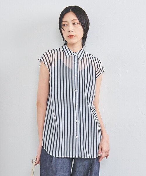 美品 ユナイテッドアローズ オーガンジー プリントシャツ ストライプ ネイビー オーガンジープリント ノースリーブブラウス -ウォッシャブル