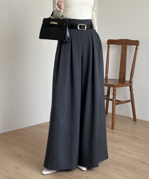 セール】ダブルタックハイウエストワイドパンツ（スラックス）｜ECLIN  