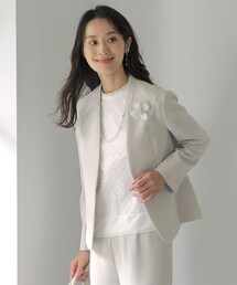 【美品•5XL】23区 ノーカラージャケット 大きいサイズ50 白 ホワイト セットアップ対応】シャインツイードストレッチ ノーカラー