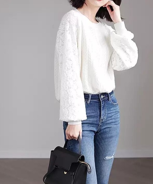 レースニット切り替え長袖トップス（ニット/セーター）｜deux amour（ドゥーザムール）