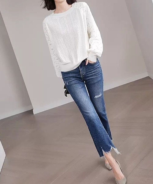 レースニット切り替え長袖トップス（ニット/セーター）｜deux amour（ドゥーザムール）
