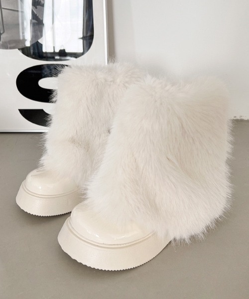 セール】フェイクファー付きエナメルブーツ（ブーツ）｜LADY LIKE