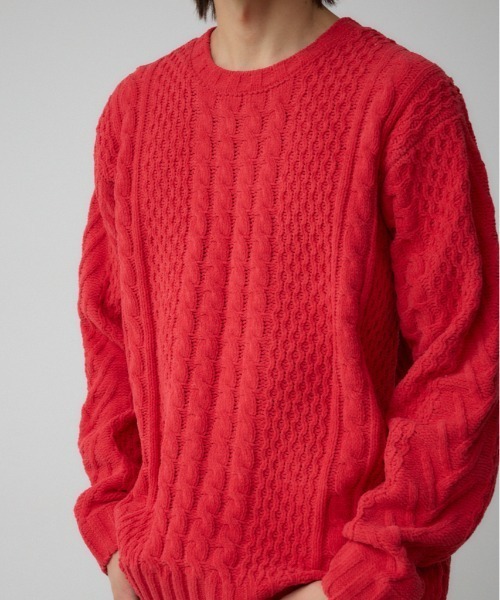 AZUL by moussy（アズールバイマウジー）の「シェニールケーブルニット（ニット/セーター・メンズ・ダークグリーン/グレー/アイボリー/ブラック/クリアレッド・S-M/L-XL）」の5枚目の写真