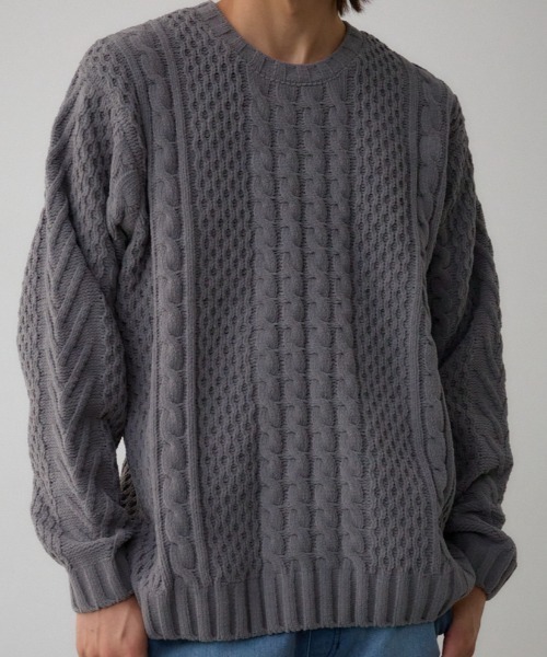 AZUL by moussy（アズールバイマウジー）の「シェニールケーブルニット（ニット/セーター・メンズ・ダークグリーン/グレー/アイボリー/ブラック/クリアレッド・S-M/L-XL）」の4枚目の写真