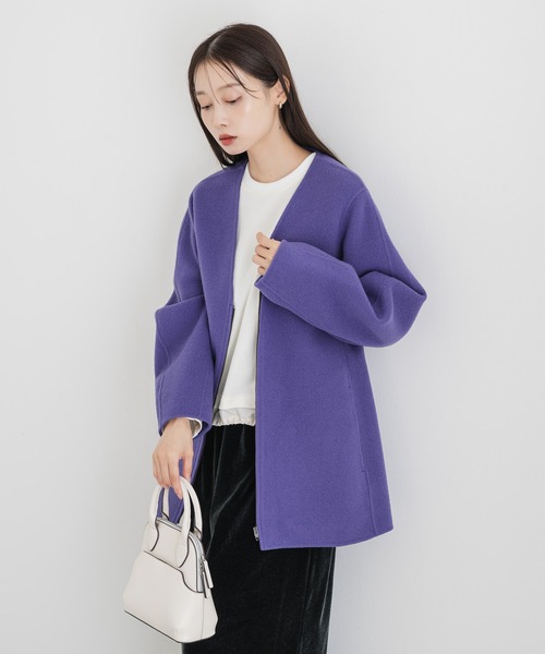 KATHARINE ROSS(キャサリンロス)の「【Dignite Collier】ダブルフェイスVネックカーブジャケット(ノーカラーコート・レディース・パープル/ベージュ・MEDIUM)」の8枚目の写真