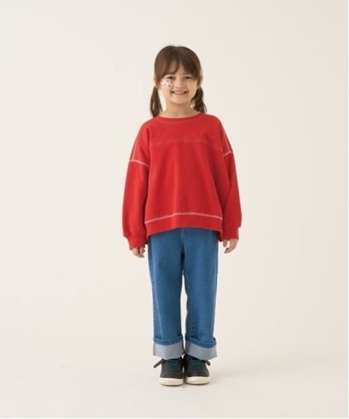 b・ROOM（ビールーム）の「【毛玉バイバイ裏起毛裏毛】ビッグシルエット配色ステッチスウェット（スウェット・キッズ・ブルーグレー/モスグリーン/レッド/ブラウン/シルバーグレー/オートミール・100cm/110cm/120cm/130cm/140cm/150cm）」の15枚目の写真