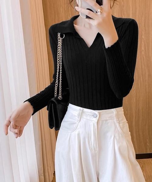 Miniministore(ミニミニストア)の「ポロカラー リブニットトップス Vネック(ニット/セーター・レディース・ホワイト/ブラック/ブラウン・FREE)」の2枚目の写真