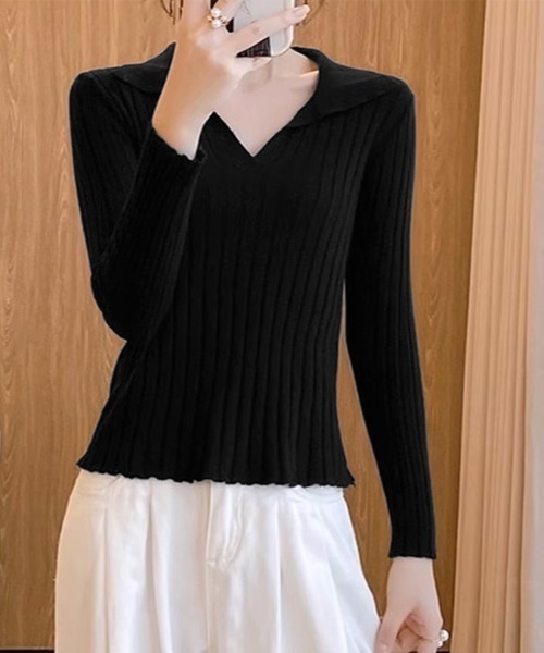 Miniministore(ミニミニストア)の「ポロカラー リブニットトップス Vネック(ニット/セーター・レディース・ホワイト/ブラック/ブラウン・FREE)」の4枚目の写真