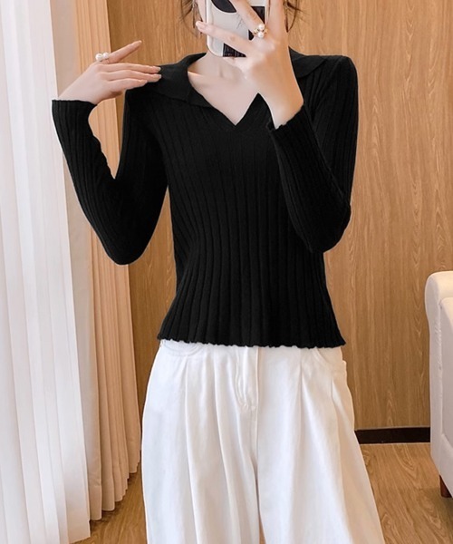 Miniministore(ミニミニストア)の「ポロカラー リブニットトップス Vネック(ニット/セーター・レディース・ホワイト/ブラック/ブラウン・FREE)」の5枚目の写真