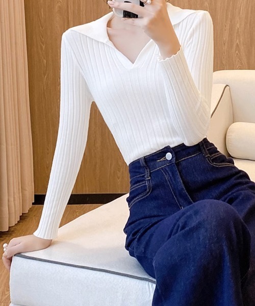 Miniministore(ミニミニストア)の「ポロカラー リブニットトップス Vネック(ニット/セーター・レディース・ホワイト/ブラック/ブラウン・FREE)」の8枚目の写真