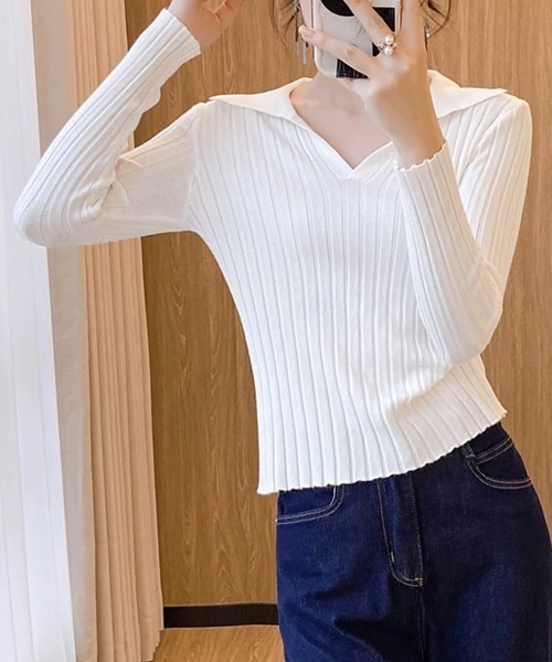 Miniministore(ミニミニストア)の「ポロカラー リブニットトップス Vネック(ニット/セーター・レディース・ホワイト/ブラック/ブラウン・FREE)」の9枚目の写真