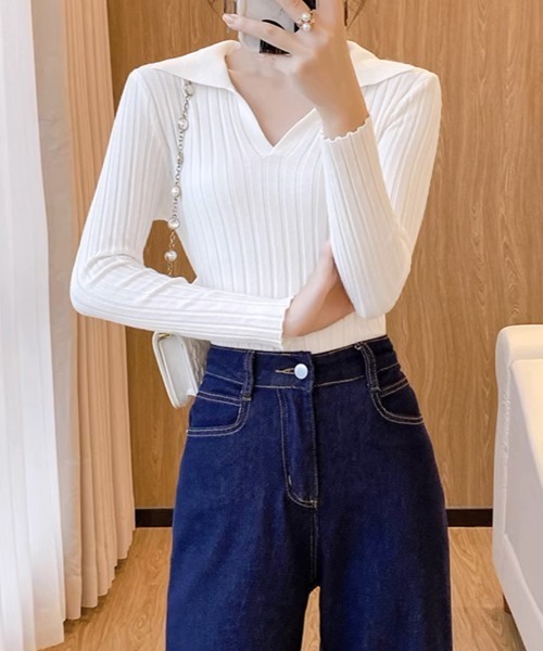 Miniministore(ミニミニストア)の「ポロカラー リブニットトップス Vネック(ニット/セーター・レディース・ホワイト/ブラック/ブラウン・FREE)」の10枚目の写真