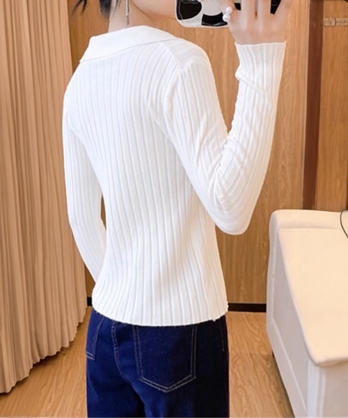 Miniministore(ミニミニストア)の「ポロカラー リブニットトップス Vネック(ニット/セーター・レディース・ホワイト/ブラック/ブラウン・FREE)」の11枚目の写真