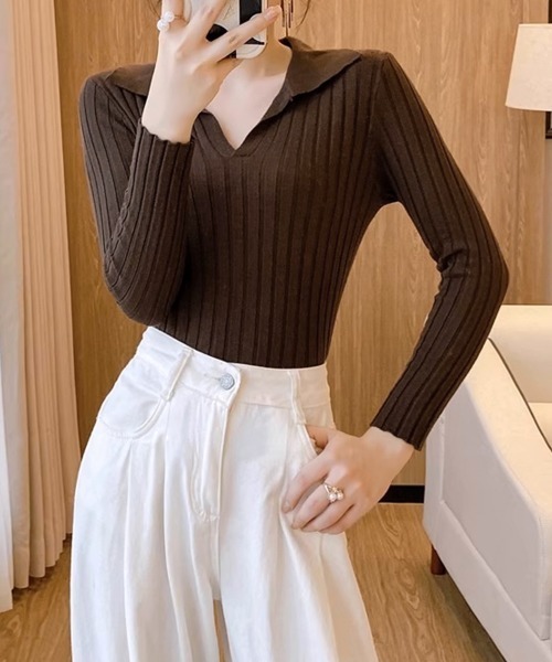 Miniministore(ミニミニストア)の「ポロカラー リブニットトップス Vネック(ニット/セーター・レディース・ホワイト/ブラック/ブラウン・FREE)」の12枚目の写真