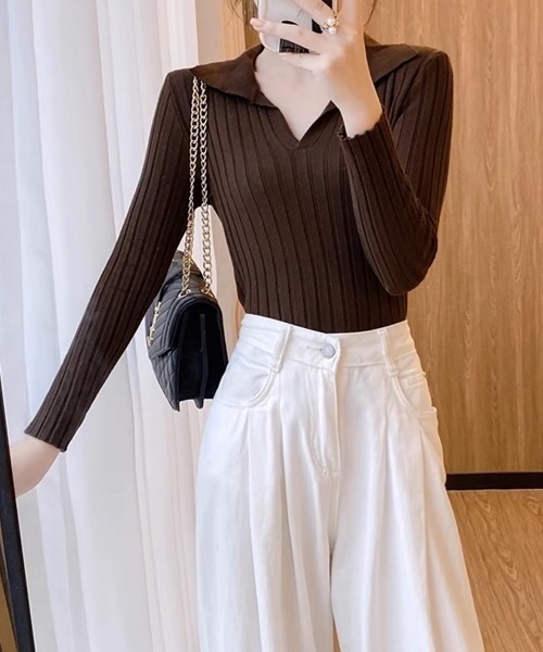 Miniministore(ミニミニストア)の「ポロカラー リブニットトップス Vネック(ニット/セーター・レディース・ホワイト/ブラック/ブラウン・FREE)」の13枚目の写真