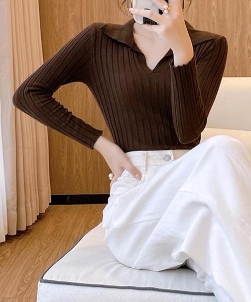 Miniministore(ミニミニストア)の「ポロカラー リブニットトップス Vネック(ニット/セーター・レディース・ホワイト/ブラック/ブラウン・FREE)」の14枚目の写真