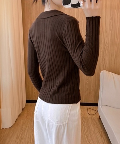 Miniministore(ミニミニストア)の「ポロカラー リブニットトップス Vネック(ニット/セーター・レディース・ホワイト/ブラック/ブラウン・FREE)」の15枚目の写真