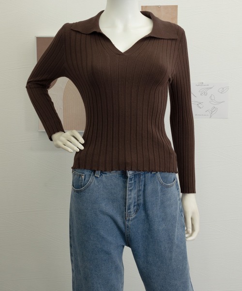 Miniministore(ミニミニストア)の「ポロカラー リブニットトップス Vネック(ニット/セーター・レディース・ホワイト/ブラック/ブラウン・FREE)」の16枚目の写真