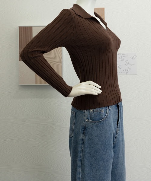 Miniministore(ミニミニストア)の「ポロカラー リブニットトップス Vネック(ニット/セーター・レディース・ホワイト/ブラック/ブラウン・FREE)」の17枚目の写真