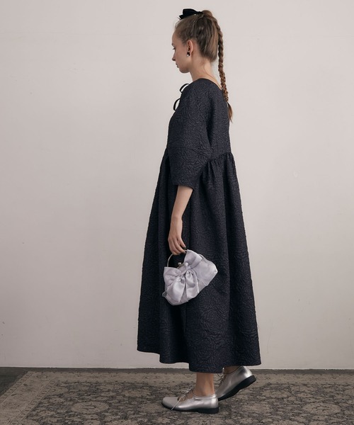 BONLECILL noir】2wayフラワージャガードランタンスリーブギャザー