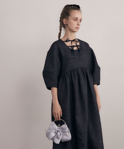 BONLECILL noir】2wayフラワージャガードランタンスリーブギャザー