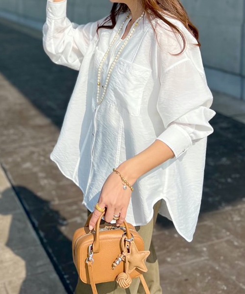 Emma Taylor（エマテイラー）の「シアーワッシャーキーネックシャツ（シャツ/ブラウス・レディース・ブラック/サックスブルー/ホワイト・FREE）」の16枚目の写真