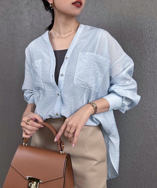 ブラウス シャツ シアーワッシャーキーネックシャツ レディース シアーワッシャーキーネックシャツ Emma Taylor│STYLEDOOR