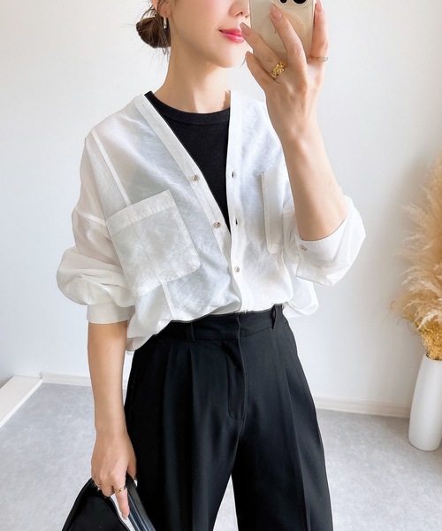 ブラウス シャツ シアーワッシャーキーネックシャツ レディース シアーワッシャーキーネックシャツ Emma Taylor│STYLEDOOR