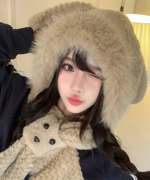 セール】マフラー帽子うさぎ耳 ファー帽子ボア帽子（ニットキャップ