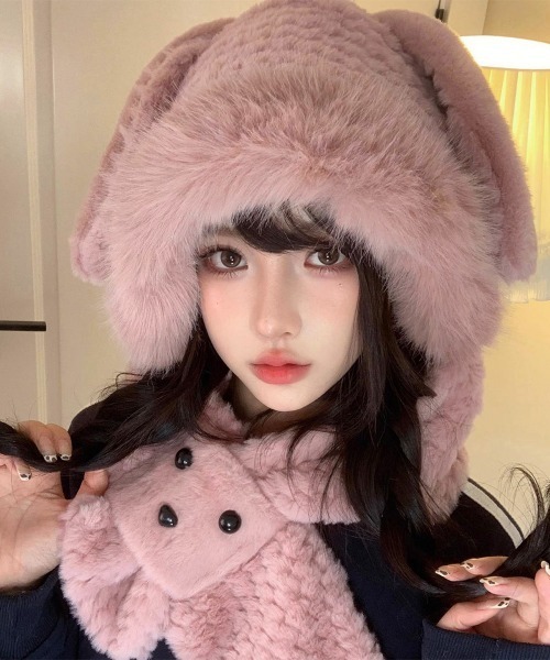 セール】マフラー帽子うさぎ耳 ファー帽子ボア帽子（ニットキャップ