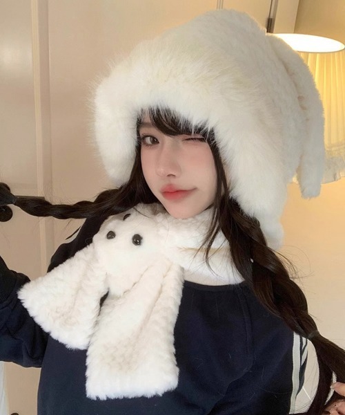 セール】マフラー帽子うさぎ耳 ファー帽子ボア帽子（ニットキャップ