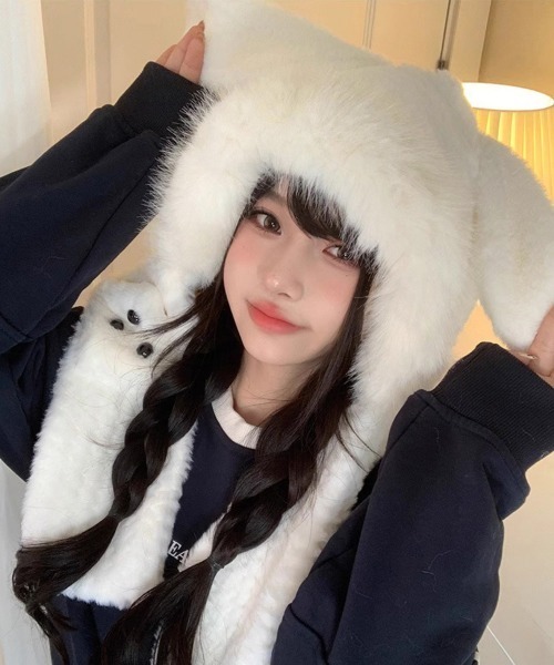 セール】マフラー帽子うさぎ耳 ファー帽子ボア帽子（ニットキャップ