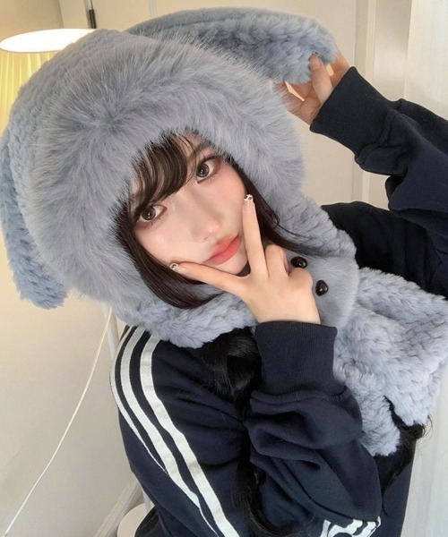 セール】マフラー帽子うさぎ耳 ファー帽子ボア帽子（ニットキャップ