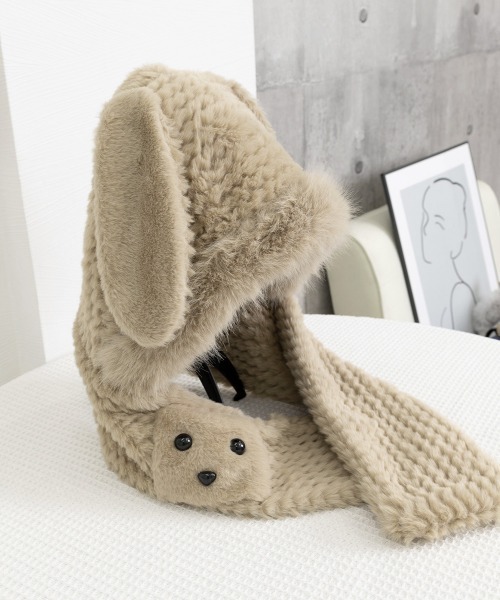セール】マフラー帽子うさぎ耳 ファー帽子ボア帽子（ニットキャップ