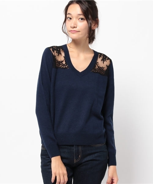 OUTLET（アウトレット）の「【DouDou】MASON/レースVネック（ニット/セーター・レディース・ピンク系その他/ネイビー/アイボリー・FREE）」の2枚目の写真