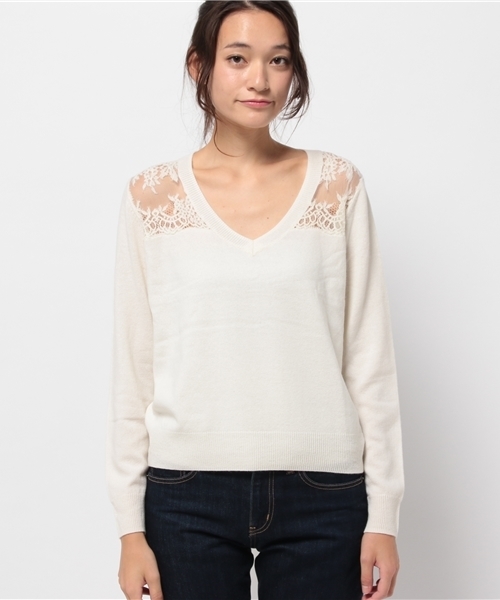 OUTLET（アウトレット）の「【DouDou】MASON/レースVネック（ニット/セーター・レディース・ピンク系その他/ネイビー/アイボリー・FREE）」の4枚目の写真